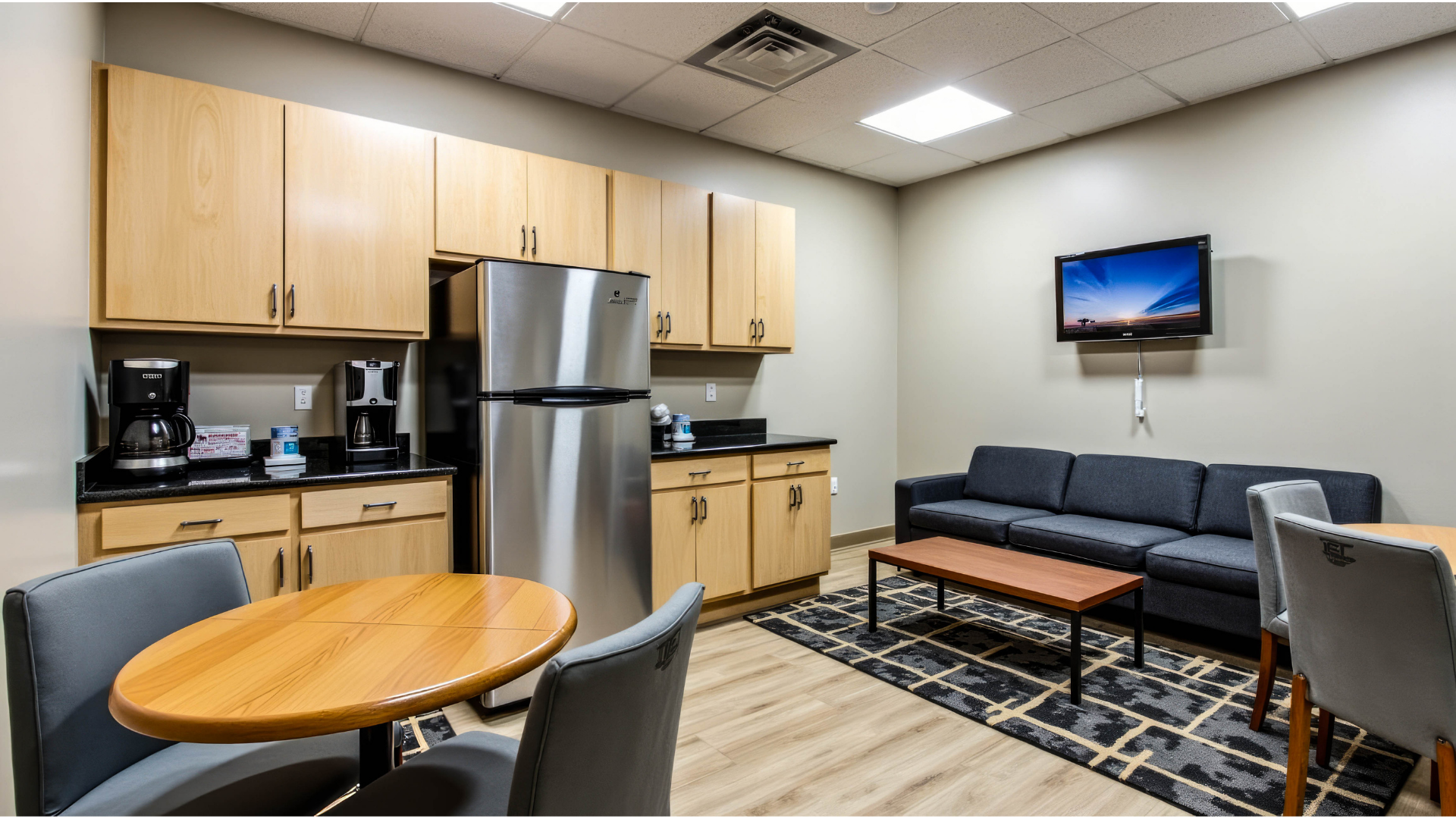 Office break room with kitchenette, seating, and a TV. Features a fridge, cabinets, and a coffee maker.