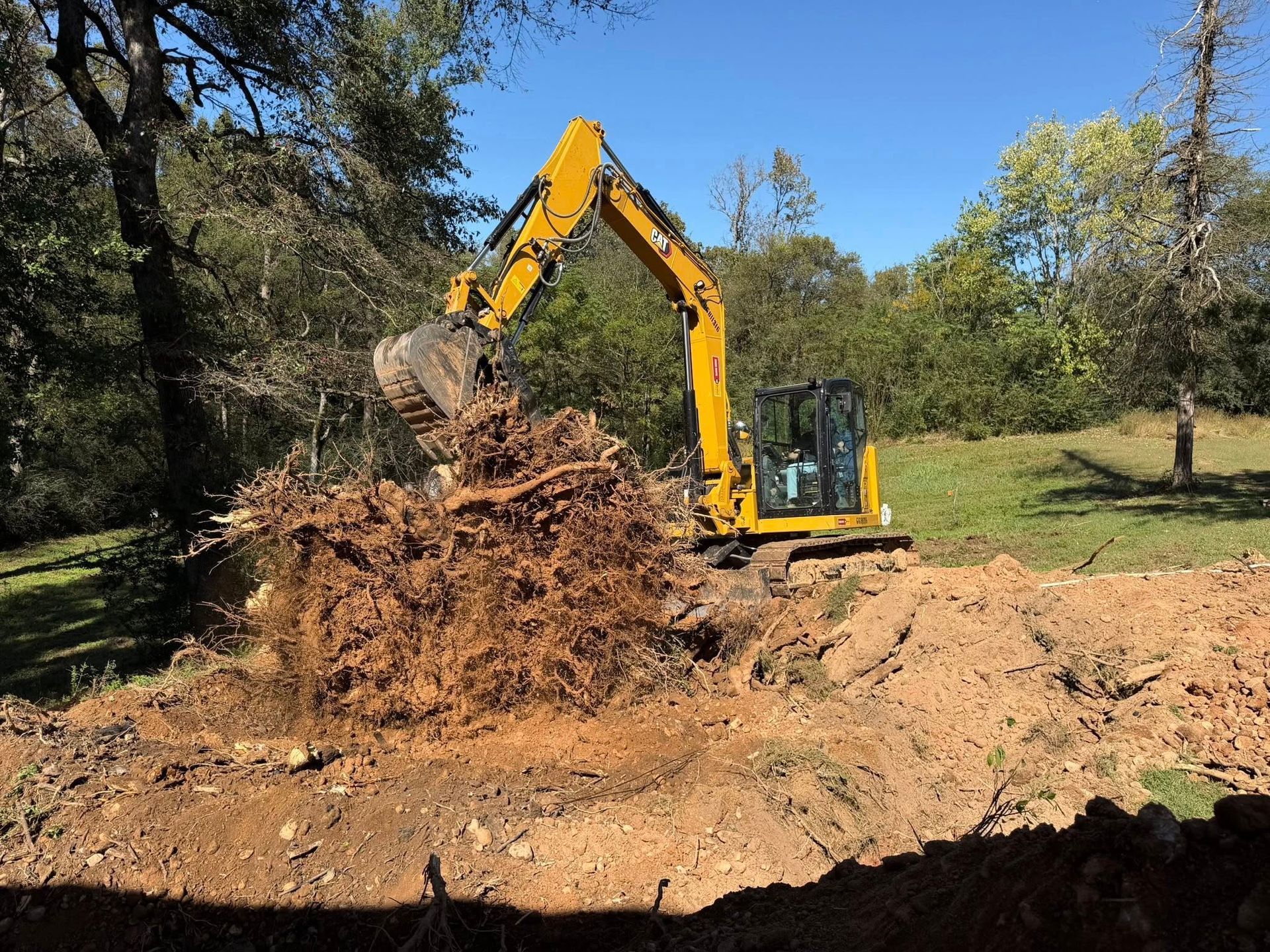 Yellow excavator removing tree roots from the ground on a sunny day.