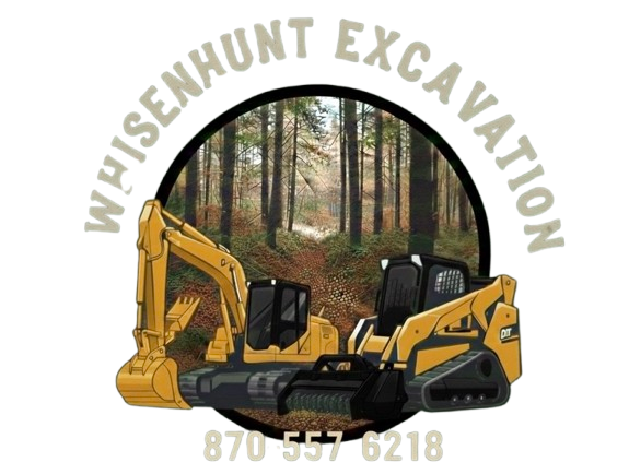 Yellow excavator and skid steer in front of a forest, company logo "Whisenhunt Excavation".