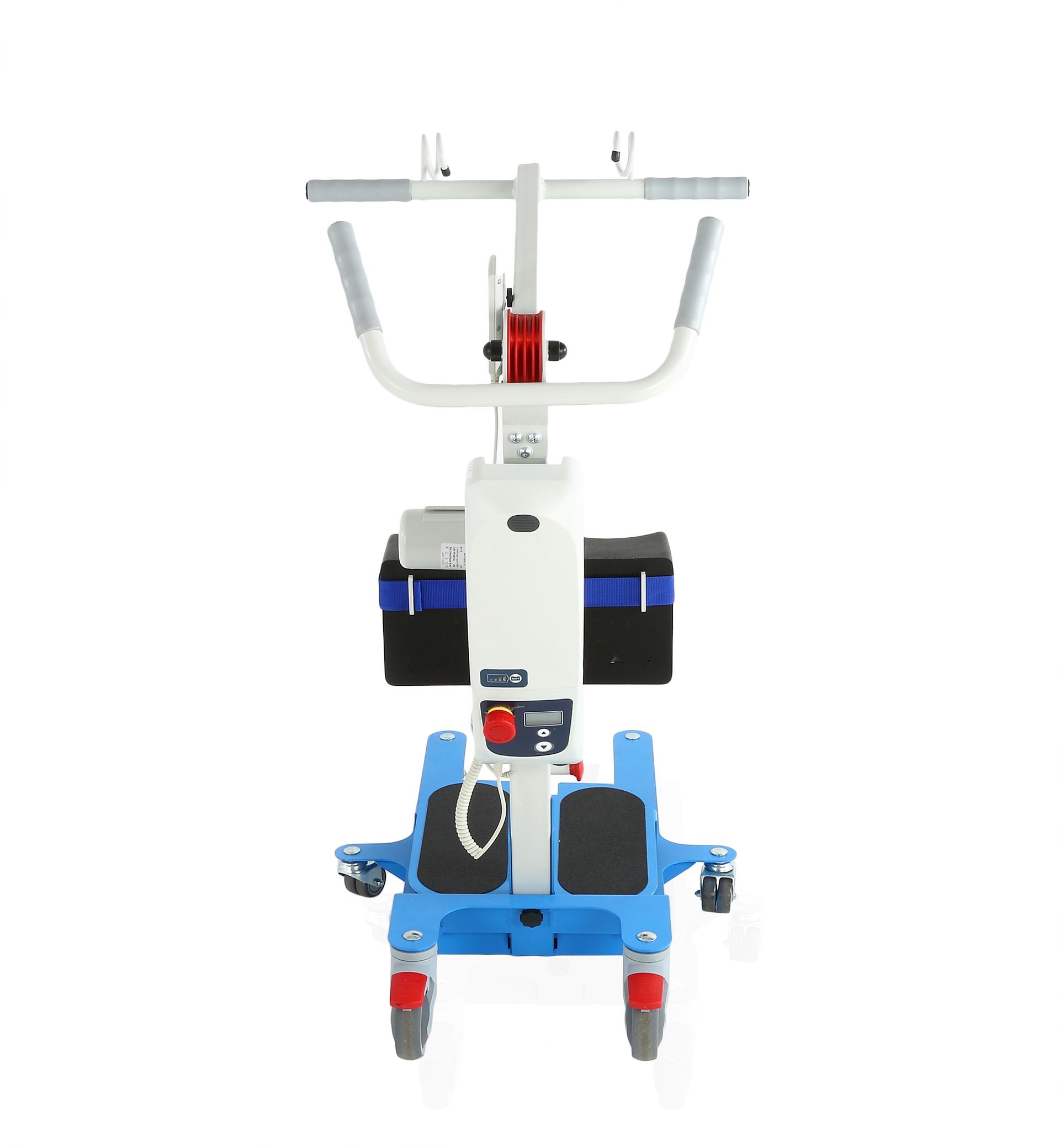 Grúa elevadora para pacientes de color azul y blanco con función de sentado y de pie