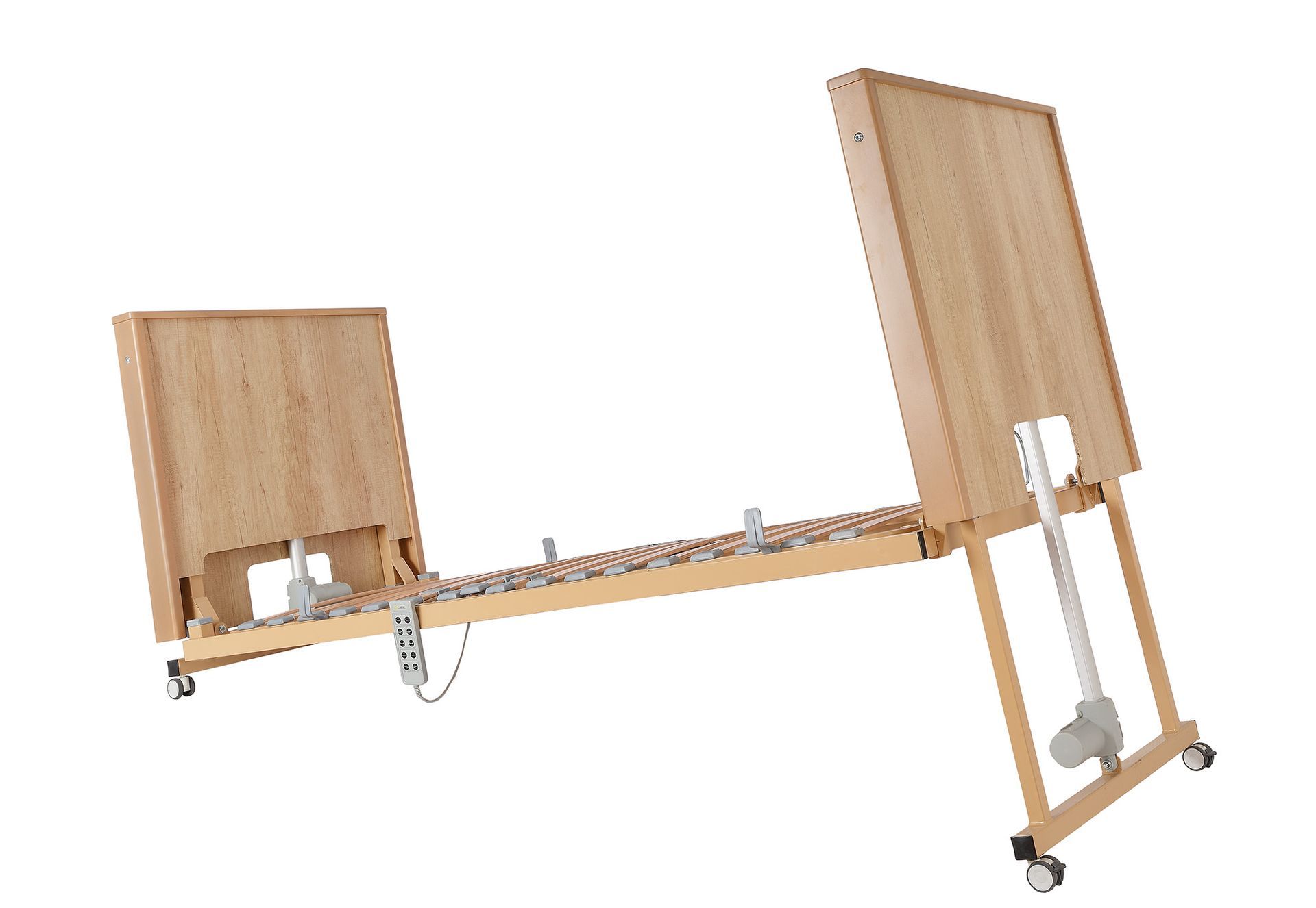 Cama de hospital de madera regulable sobre ruedas.