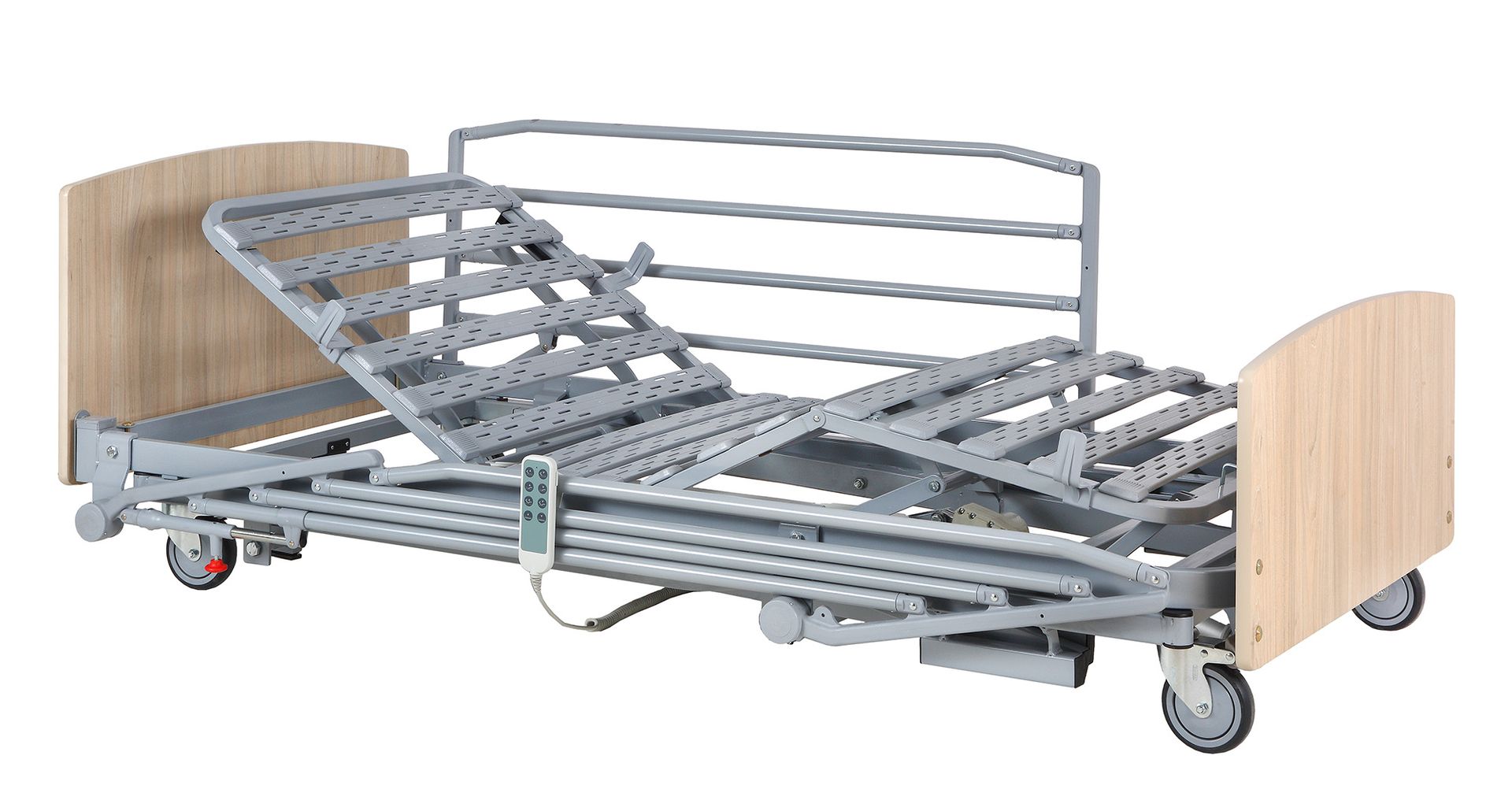 Cama de hospital ajustable con cabecera/pie de cama de madera, estructura de metal y ruedas.