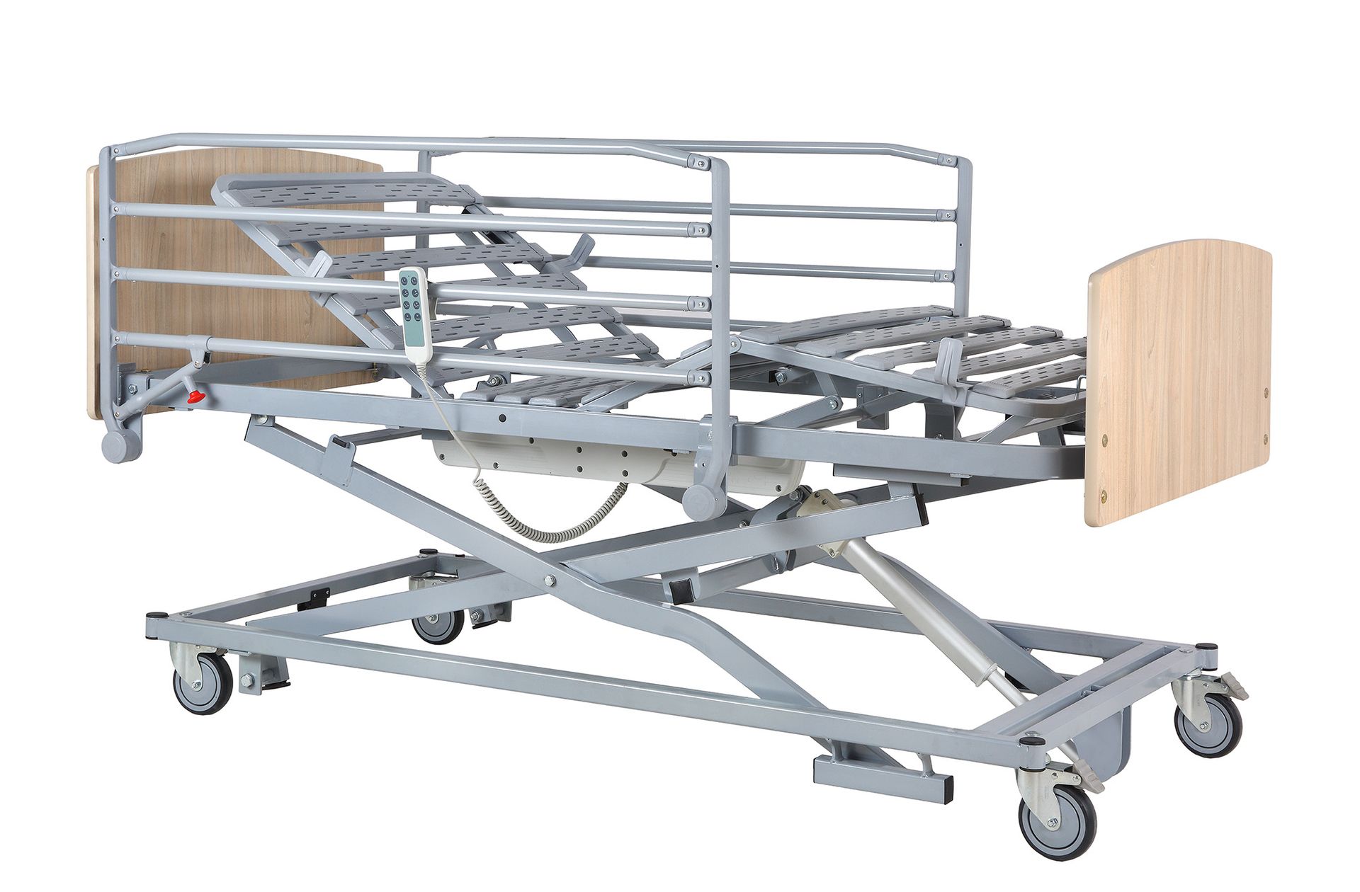 Cama de hospital, estructura metálica, regulable en altura y módulos, con cabecero y piecero.