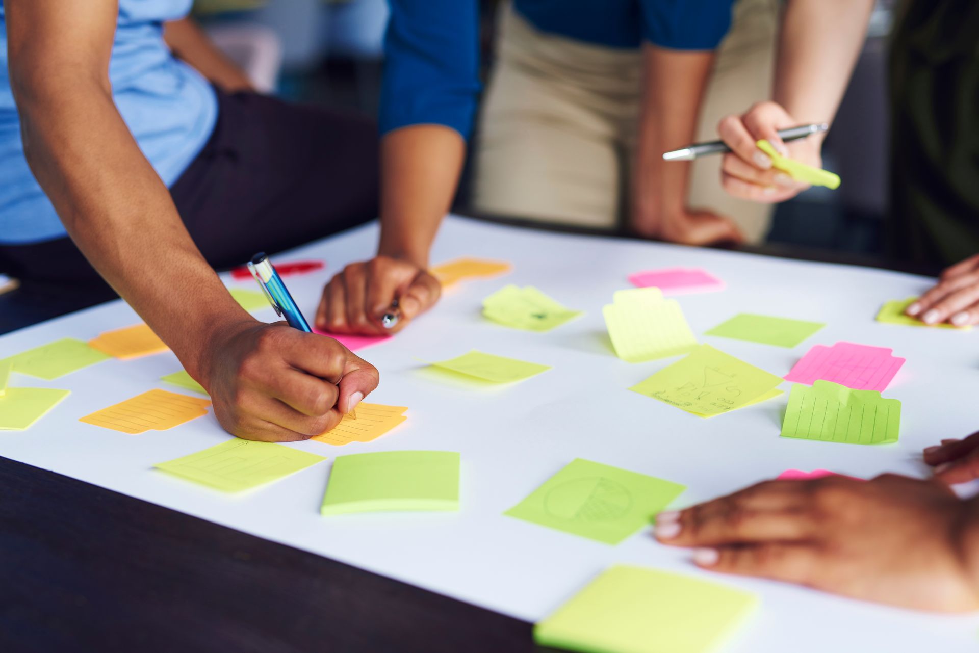 A group of people are sitting around a table with sticky notes on it.