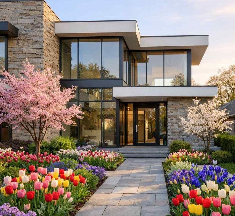 A modern stone house with large windows, surrounded by a vibrant, colorful garden of tulips leading to the front door.