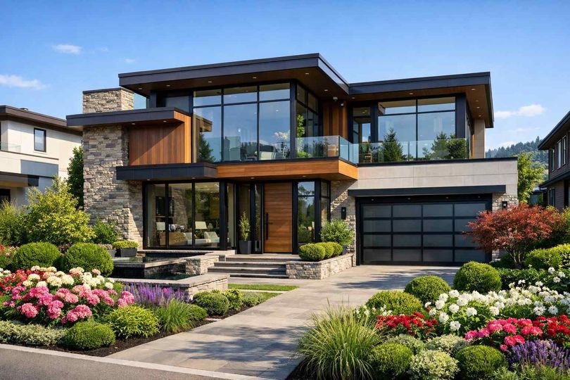 A modern two-story home with glass walls, wood accents, and stone details, surrounded by colorful landscaped gardens.