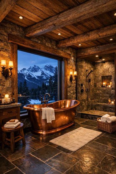 A copper bathtub sits in a rustic stone bathroom with a large window overlooking snow-capped mountain peaks at twilight.