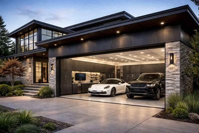 A modern luxury home with stone and dark wood exterior, featuring a brightly lit garage containing two parked cars.