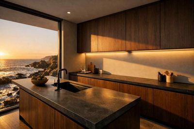 A modern, minimalist kitchen with wooden cabinets and a dark stone island, overlooking the ocean at sunset.