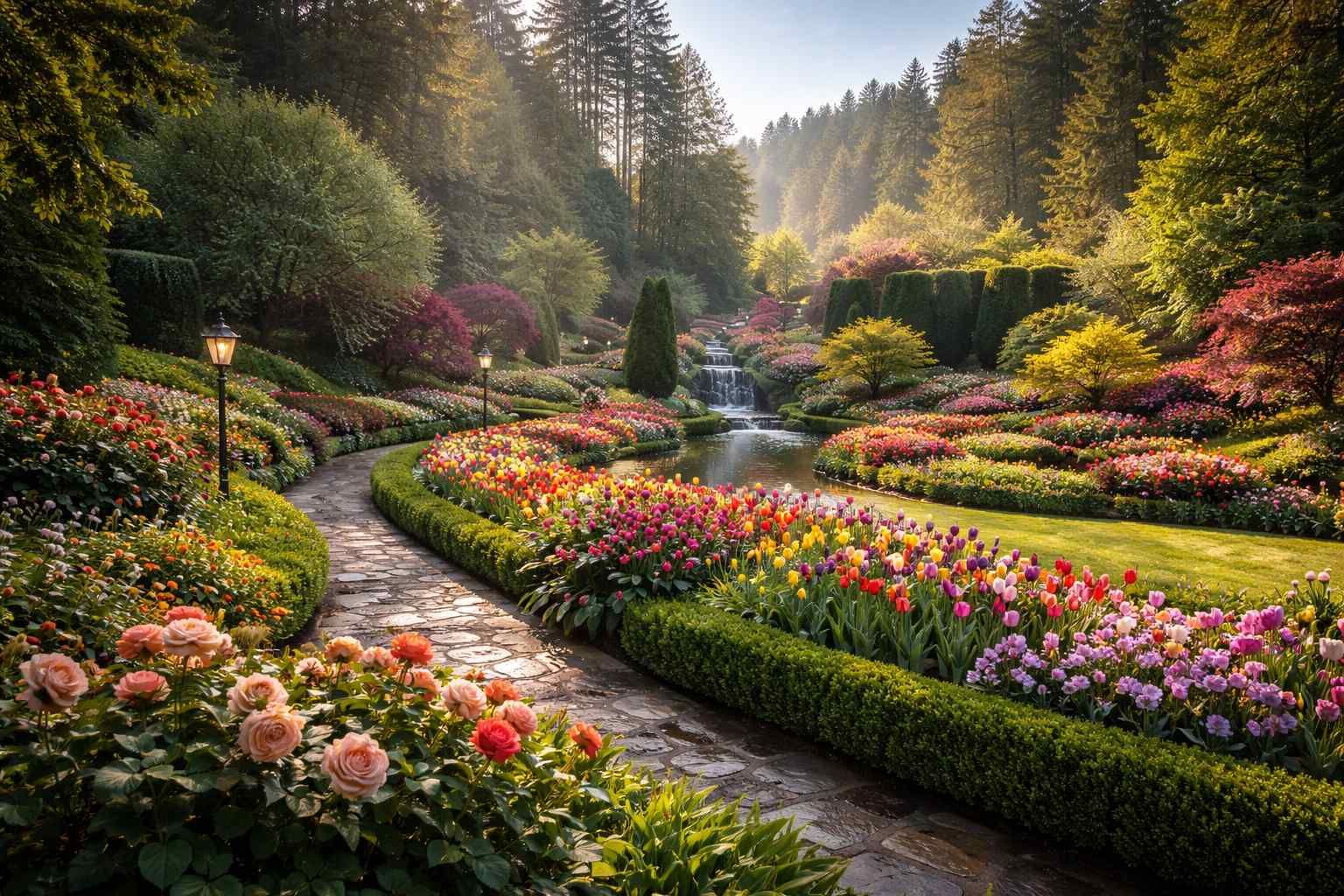 A winding stone path leads through a lush, vibrant garden filled with colorful flowers, manicured hedges, and a stream.