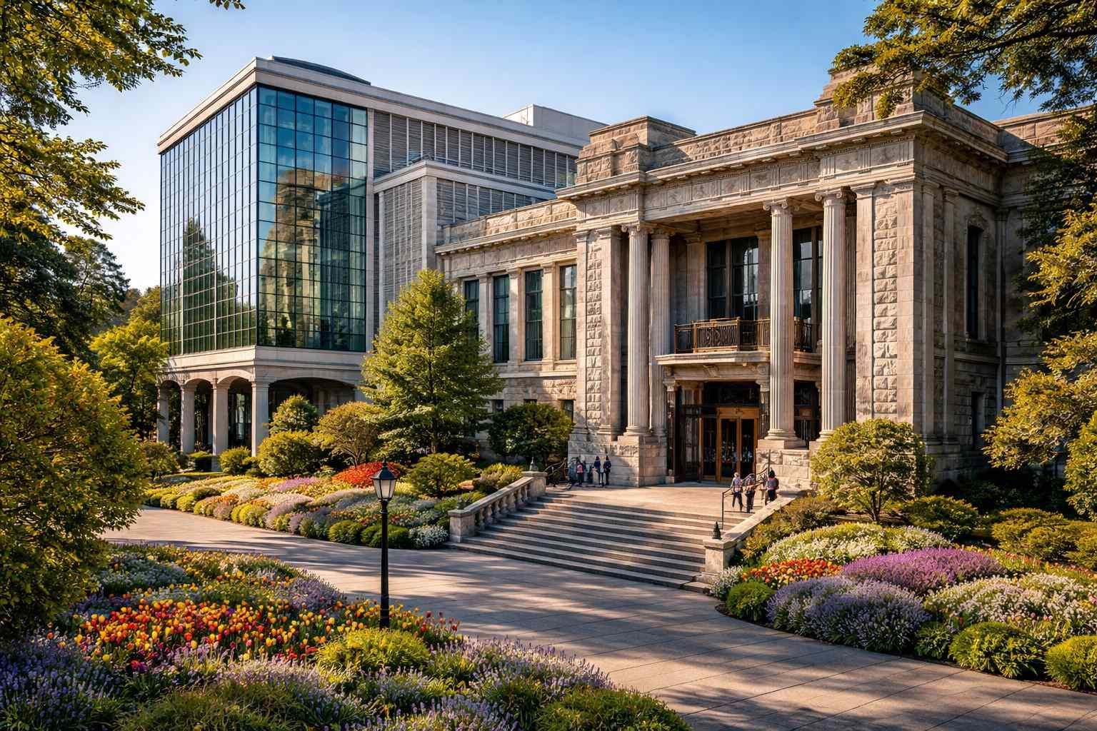 A stone building with a modern glass wing and neoclassical columns, set behind a vibrant garden with colorful flowers.