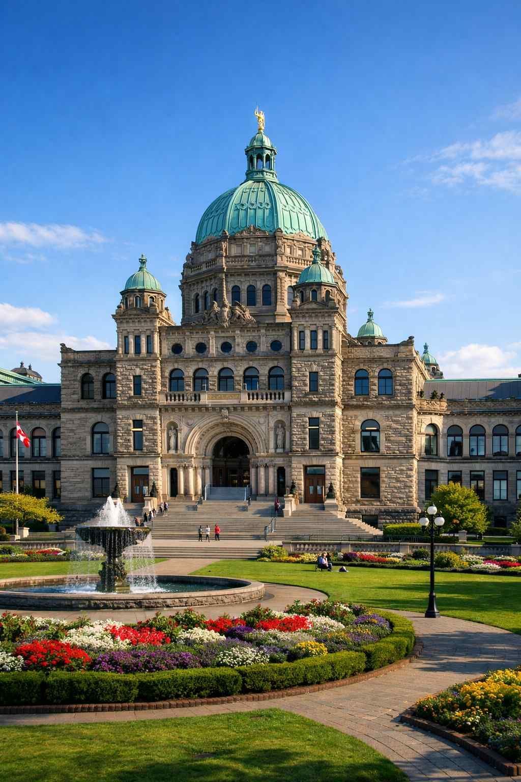The British Columbia Parliament Buildings in Victoria, BC, featuring a green copper dome and a fountain in the foreground.