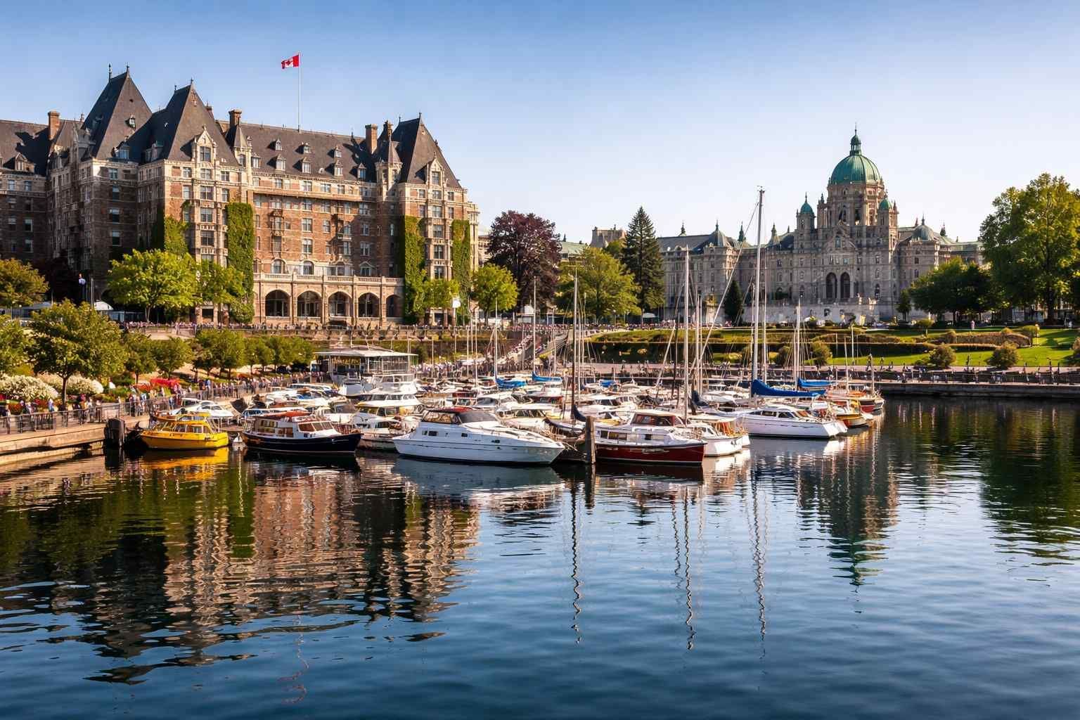 Boats moored in Victoria's Inner Harbour with the Fairmont Empress Hotel and Parliament Buildings in the background.