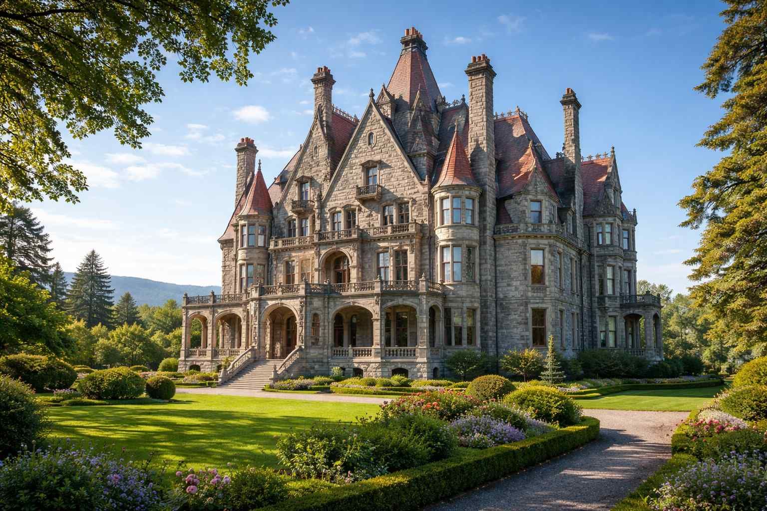 A sprawling stone mansion with steep roofs and turrets, surrounded by lush green lawns, manicured hedges, and trees.