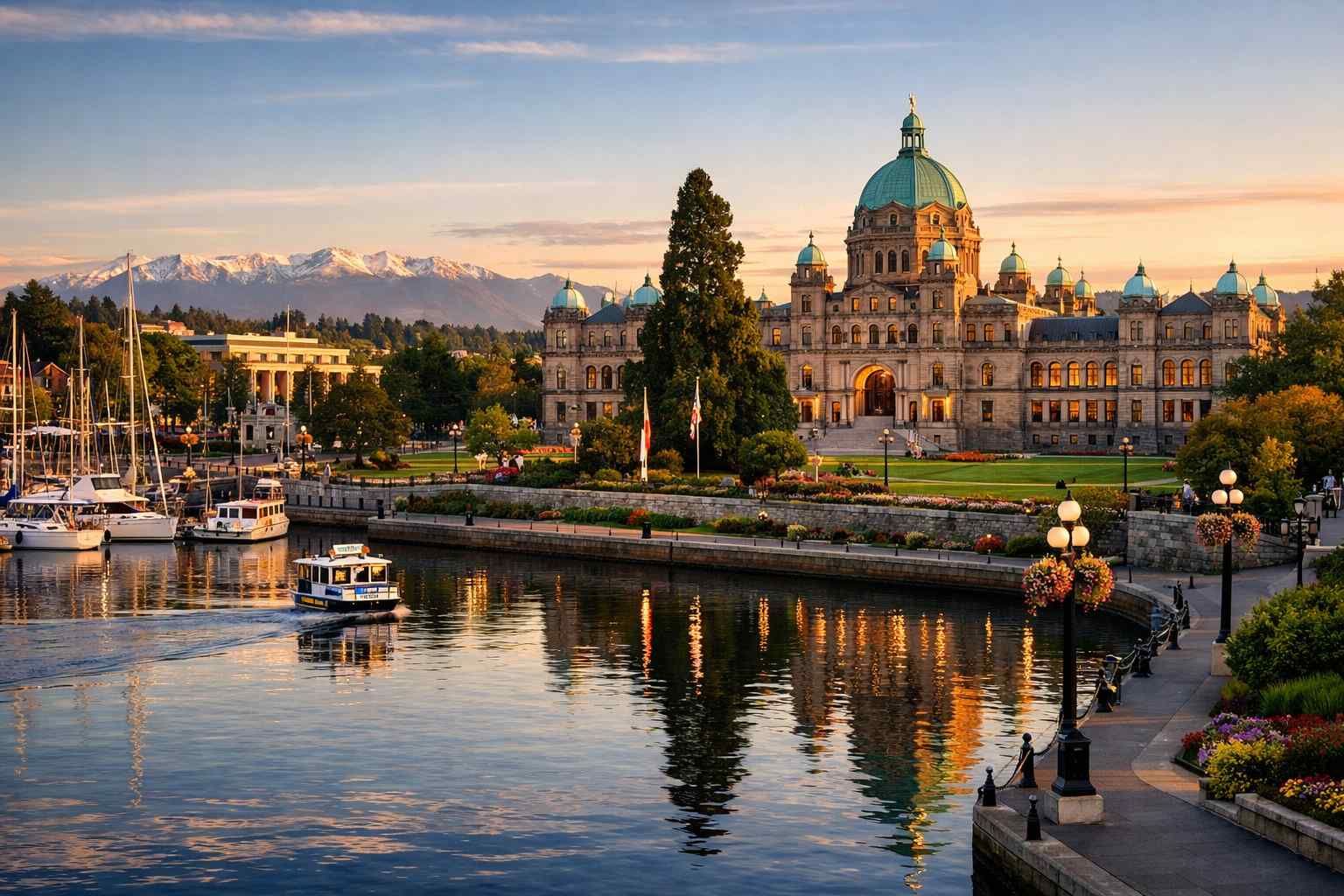 The B.C. Parliament Buildings in Victoria at sunset, overlooking the Inner Harbour with snow-capped mountains in the back.