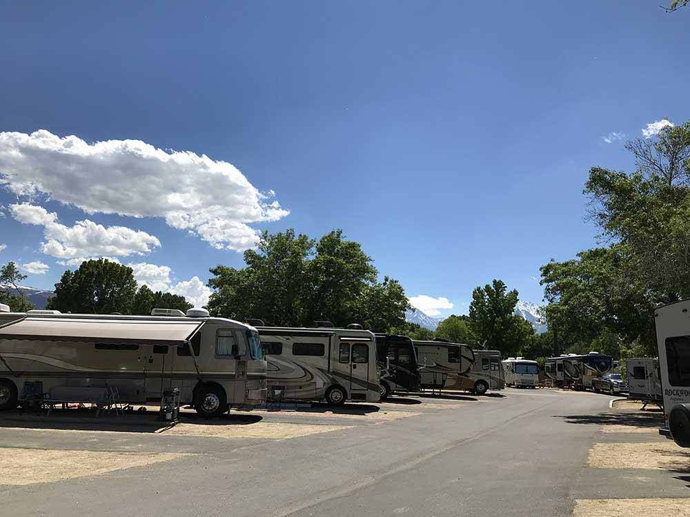 A row of rvs parked in a parking lot on a sunny day.