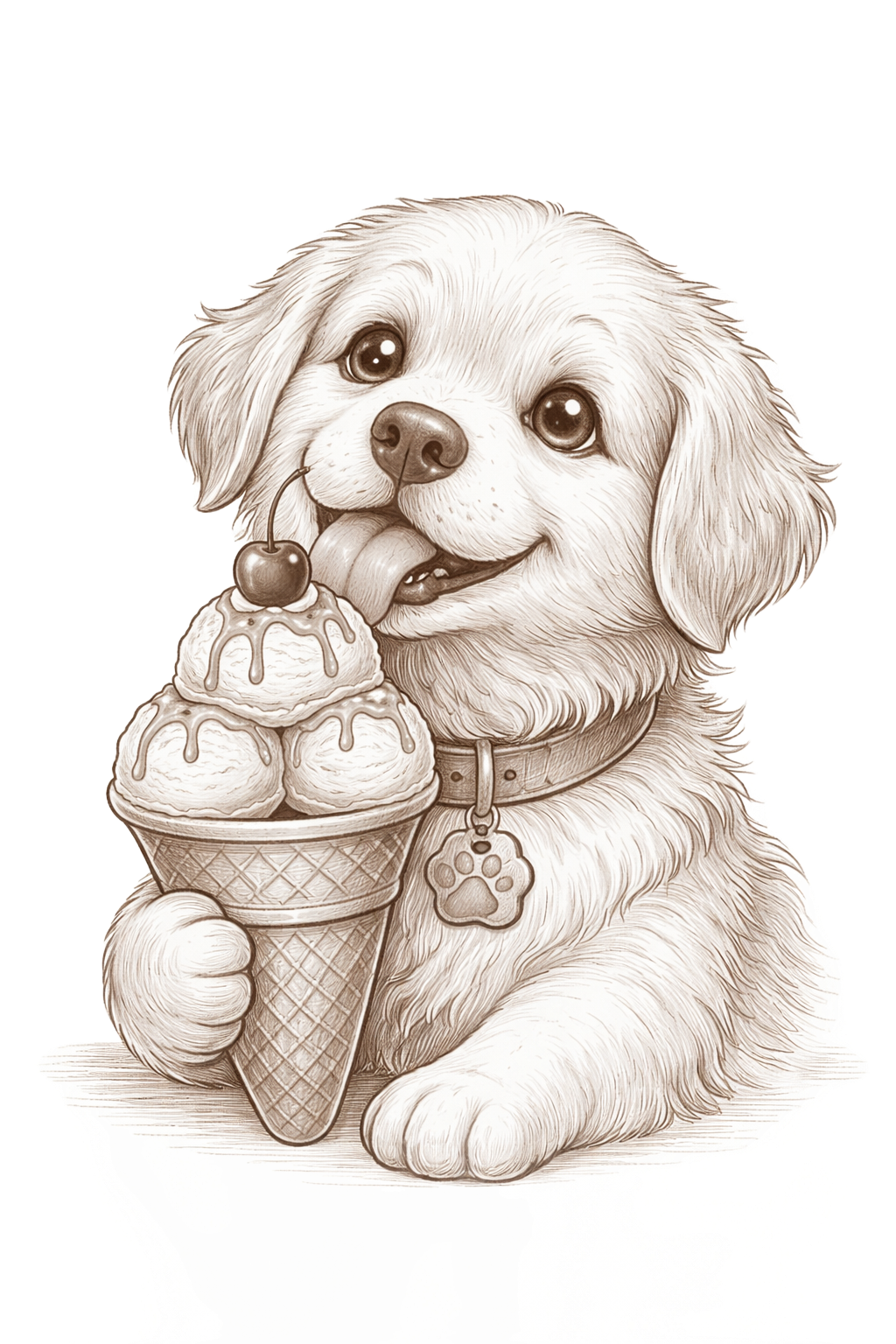 Coppa gelato per cani in una ciotola con l'impronta di una zampa, guarnita con una ciliegia e dolcetti a forma di osso.