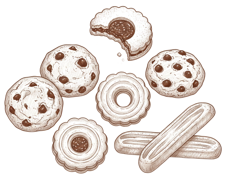 Assortimento di biscotti, tra cui quelli con gocce di cioccolato, quelli sandwich e quelli di pasta frolla, illustrati con inchiostro marrone.