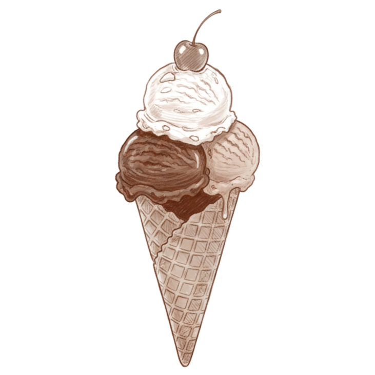 Tre palline di gelato in un cono, con una ciliegia sopra.