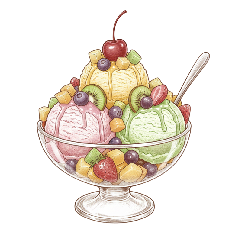 Coppa gelato con tre palline, frutta e ciliegia in una ciotola di vetro.