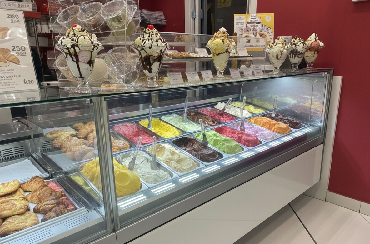 Vetrina per gelati con vari gusti di gelato, coppe gelato e pasticcini.