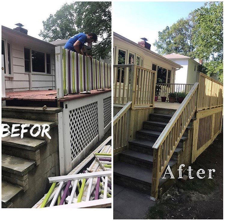 A before and after picture of a deck and stairs