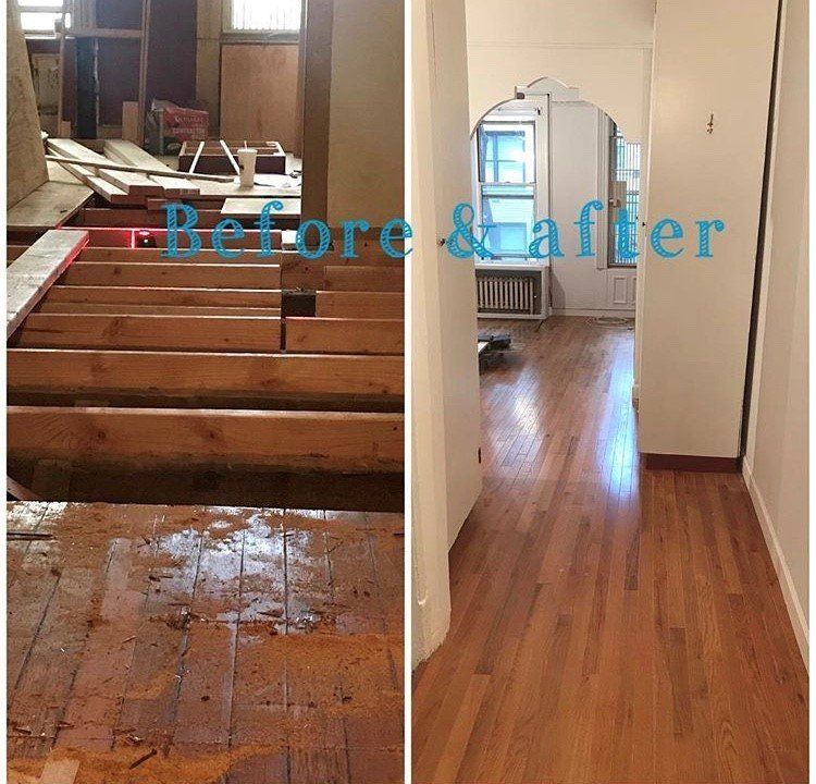 A before and after photo of a wooden floor