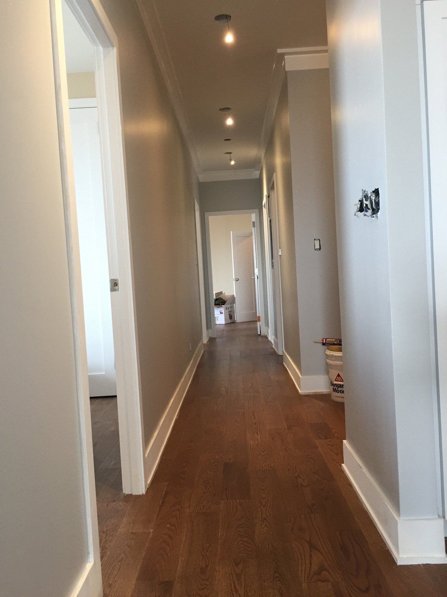 A long hallway with hardwood floors and gray walls