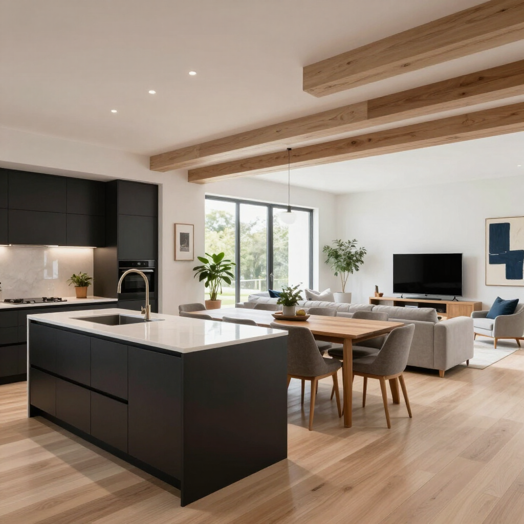 Modern open-plan living room with black kitchen island, wood beams, dining table, sofa, and large windows