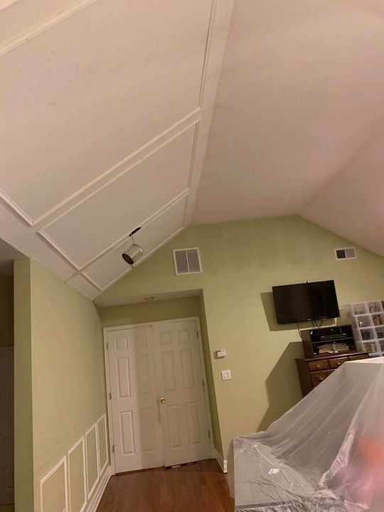 Interior view of a room with a sloped ceiling, door, TV, and light green walls.