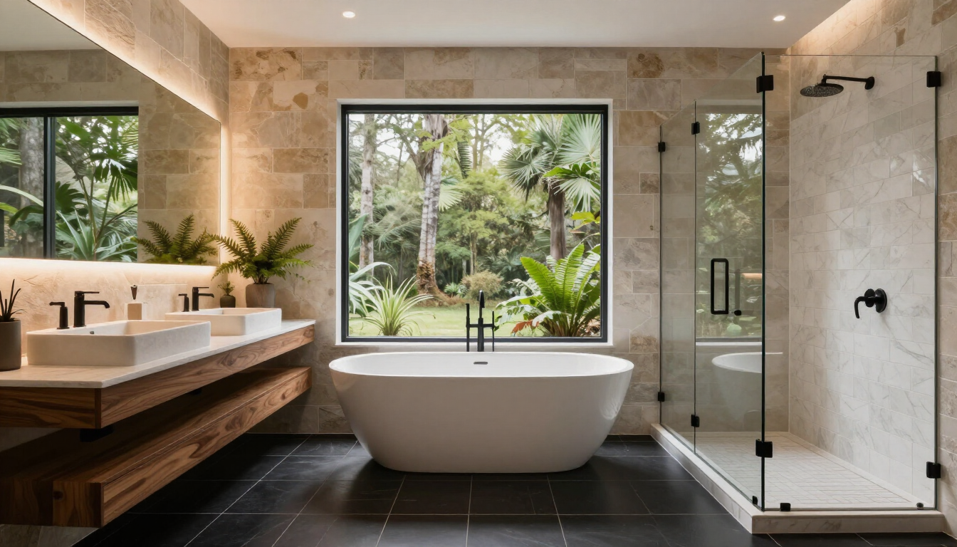Modern bathroom with freestanding tub, glass shower, and large window overlooking greenery