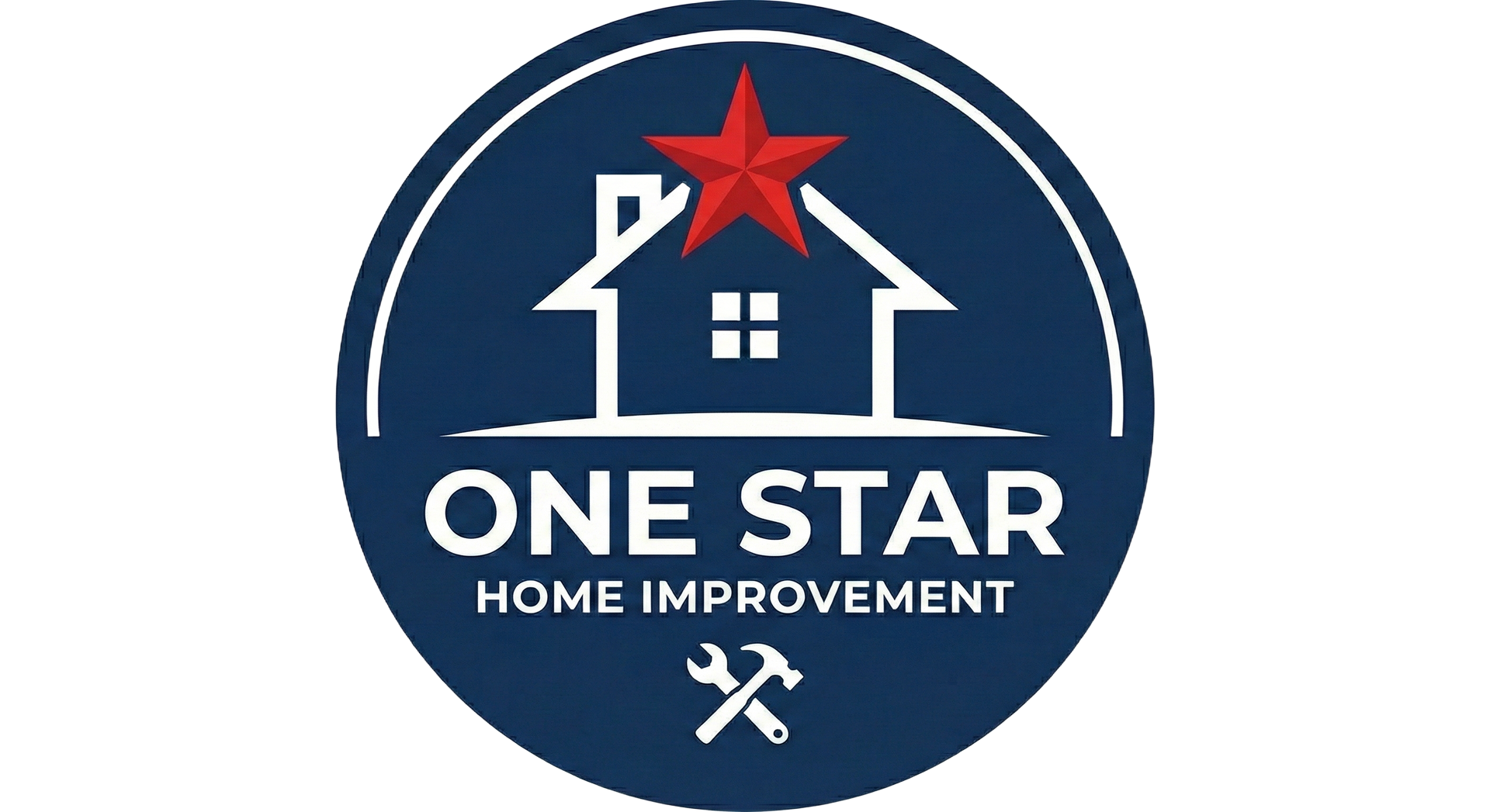 Logo for One Star Home Improvement: blue circle with house outline, red star, and text, with a wrench and hammer.