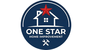 Logo for One Star Home Improvement: blue circle with house outline, red star, and text, with a wrench and hammer.