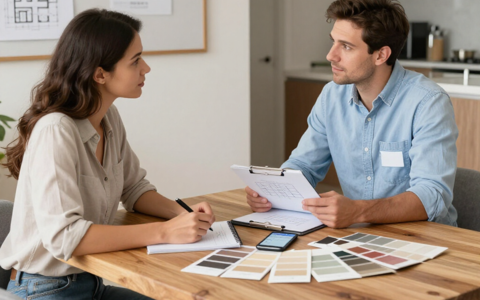 Two people reviewing floor plan sketches and color swatches at a wooden table in a bright office.