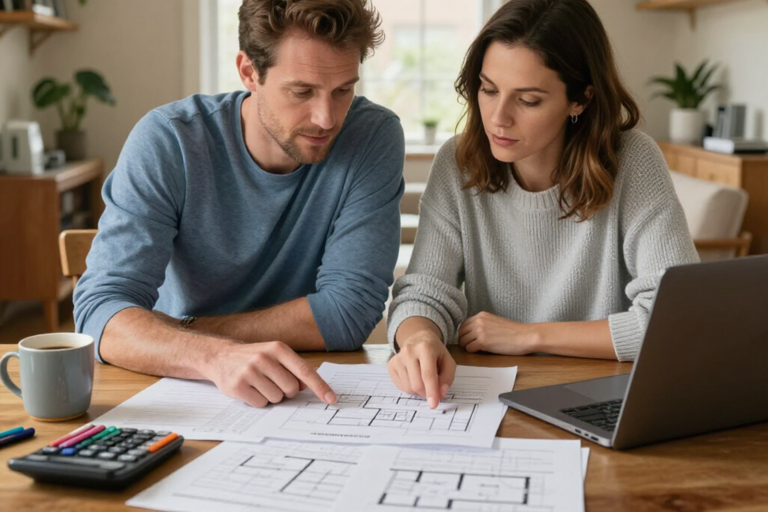 Two people reviewing floor plan sketches at a table with a laptop and calculator