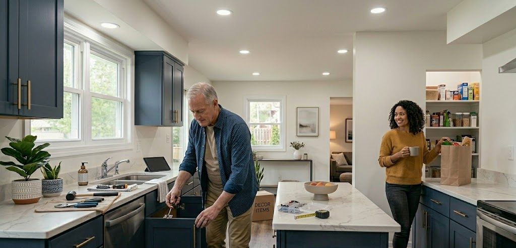 A person looks into a kitchen drawer while another stands nearby holding a brown paper bag in a modern, blue-cabinet kitchen.