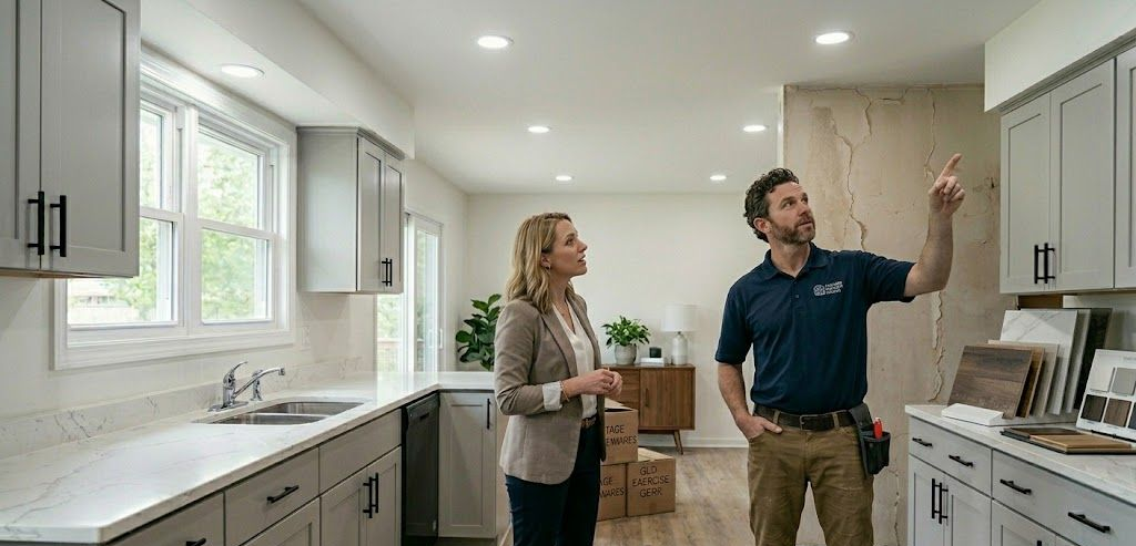 A professional in a polo shirt gestures toward kitchen cabinets while talking to a person in a blazer inside a kitchen.