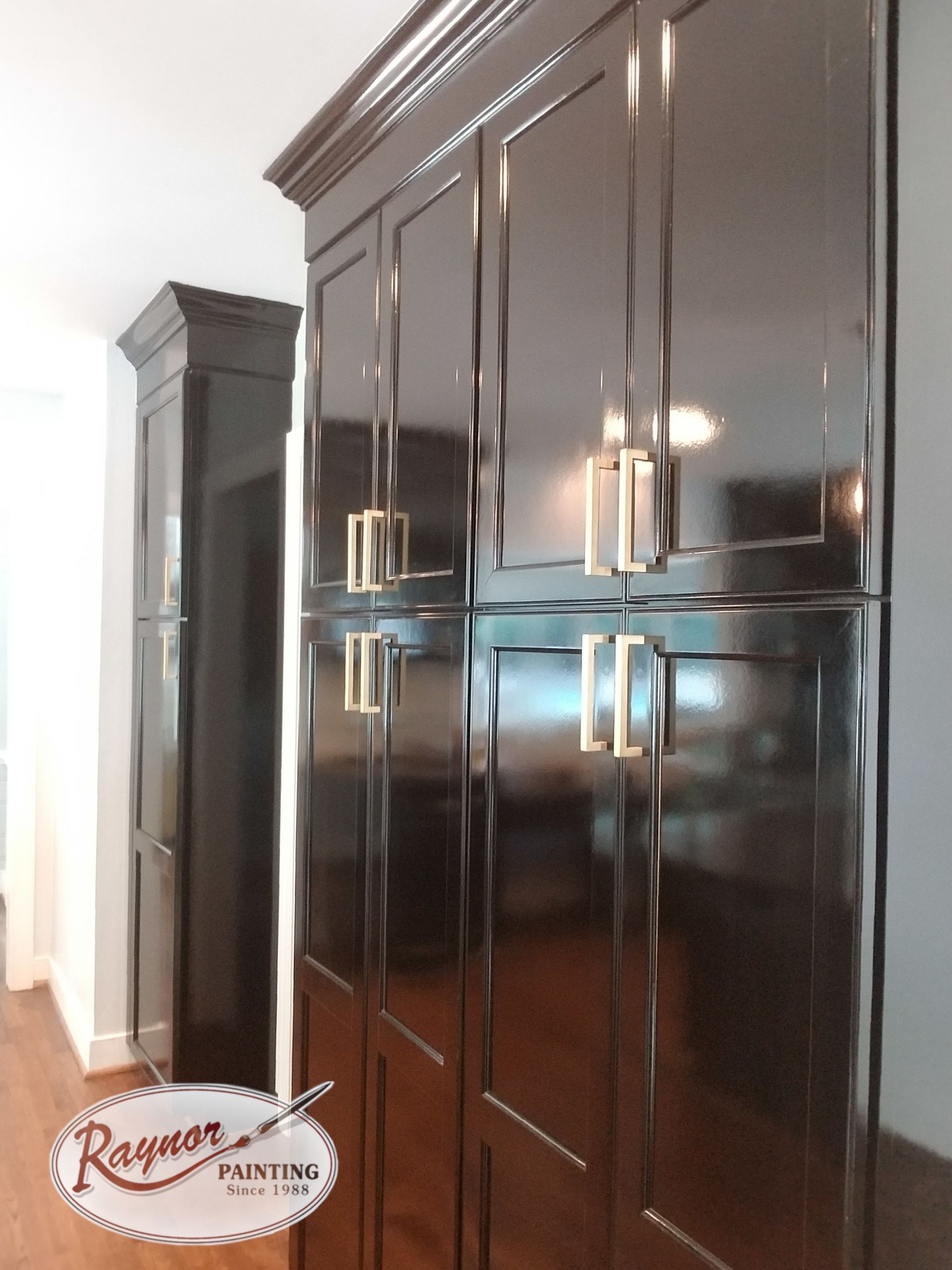 A kitchen with black cabinets