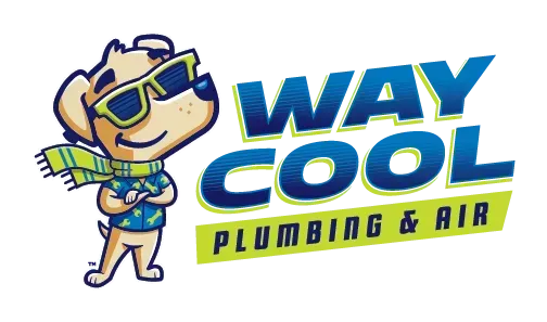The logo for way cool plumbing and air has a dog wearing sunglasses and a scarf.