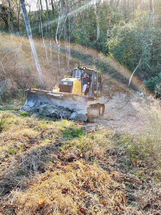 Bulldozer clearing brush on a hillside path, person in the cab, sunny outdoor setting.