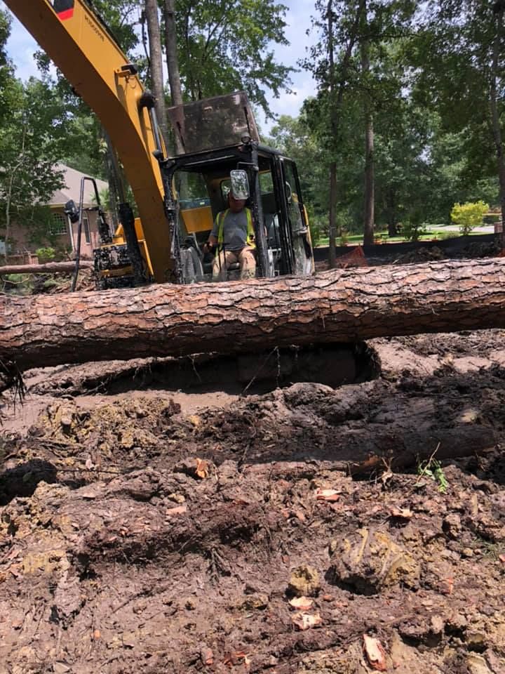 Excavator moving a large tree trunk in a muddy pit outdoors, surrounded by trees and residential area.