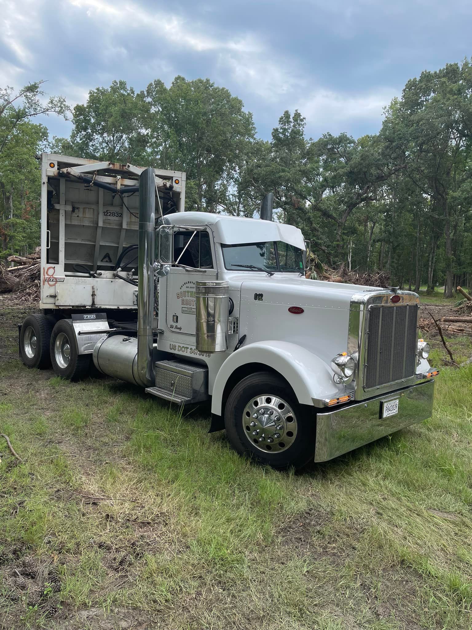 White Peterbilt semi-truck with a flatbed in a grassy area with trees in the background.