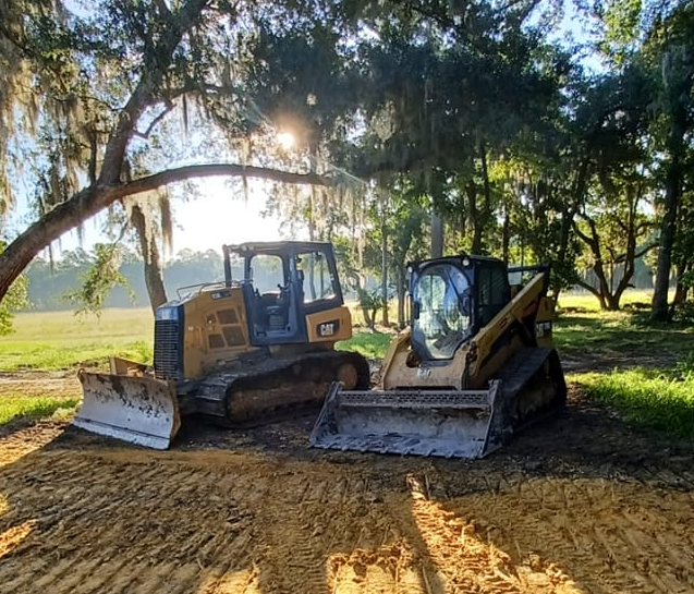 Two yellow Caterpillar construction machines in a clearing under trees, sunlight shining.