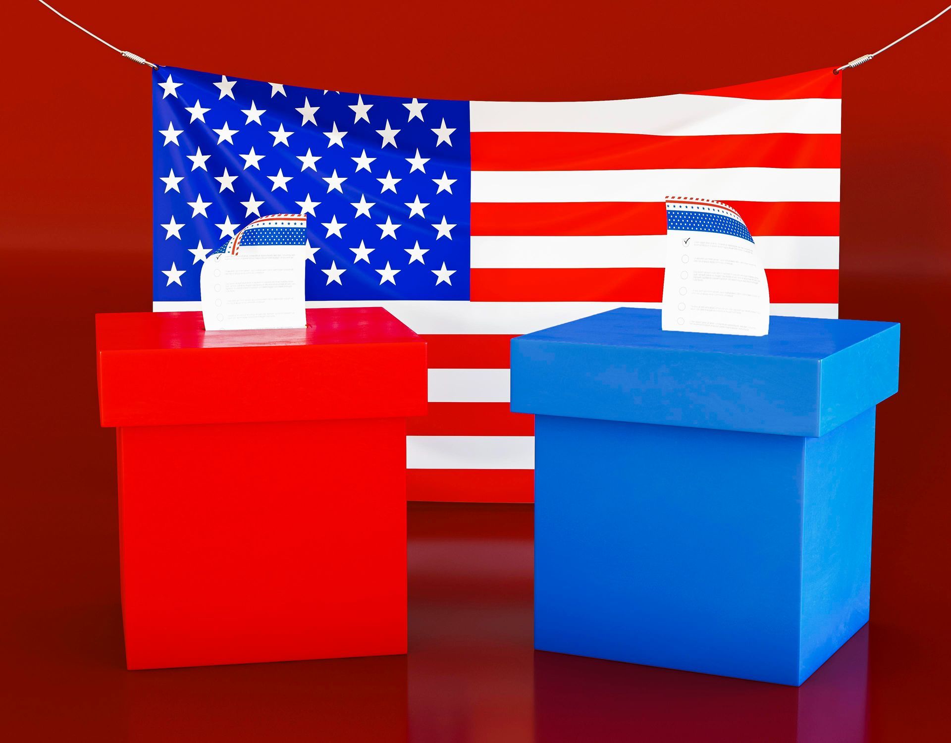 Two voting booths in front of an american flag