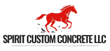 A red horse galloping over black debris, with the text "SPIRIT CUSTOM CONCRETE LLC" underneath.