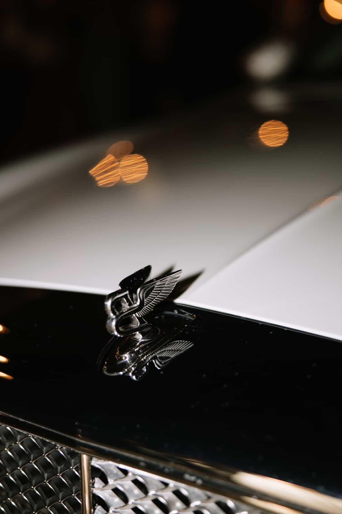 Close-up of a silver Bentley 