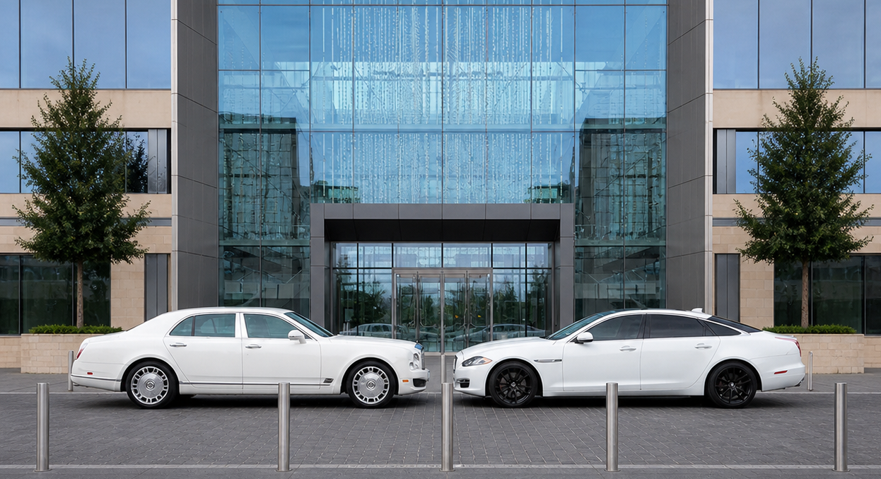 Two white cars are parked next to each other in front of a building.