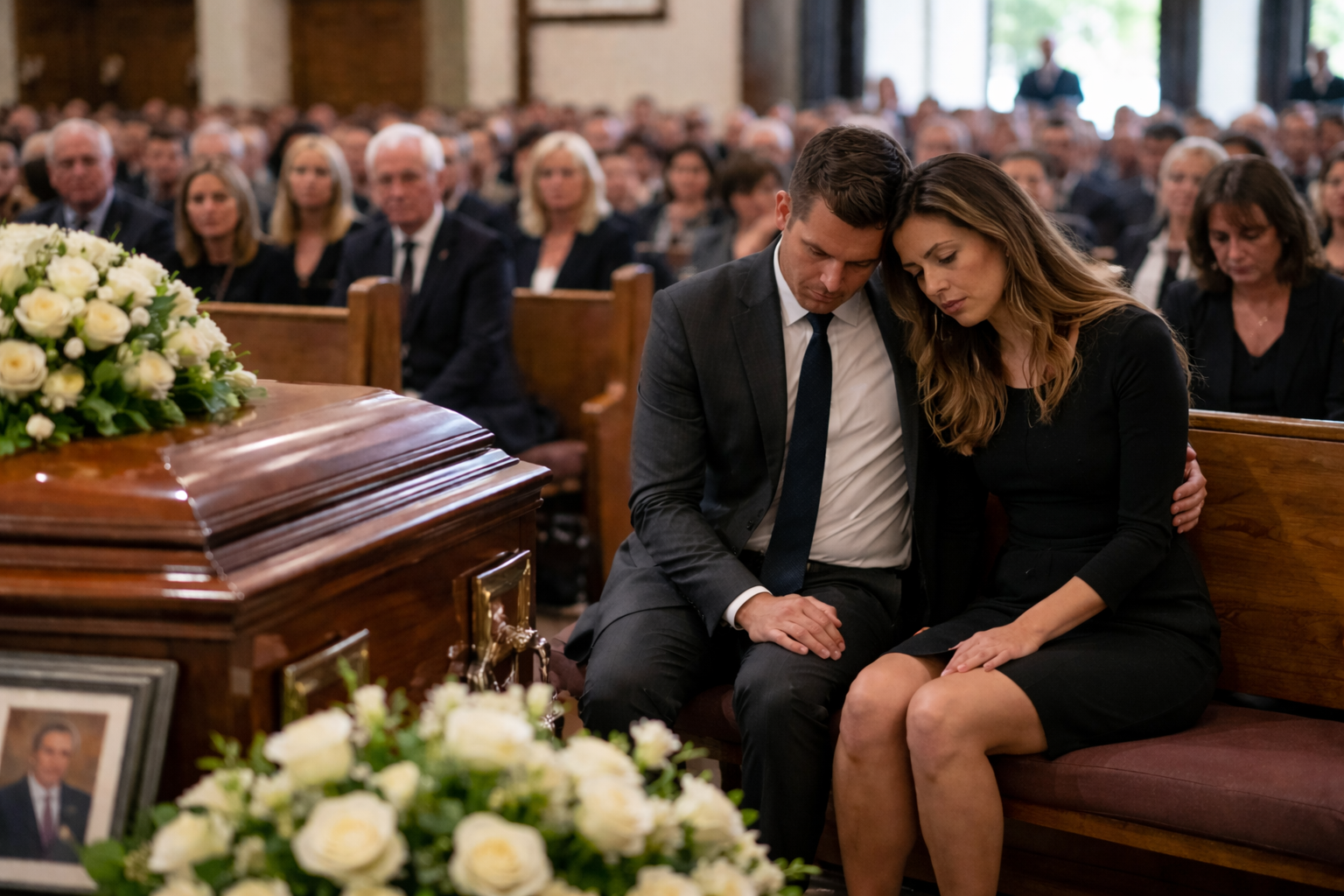 Mourners sit beside a flower-covered casket at a solemn funeral service.