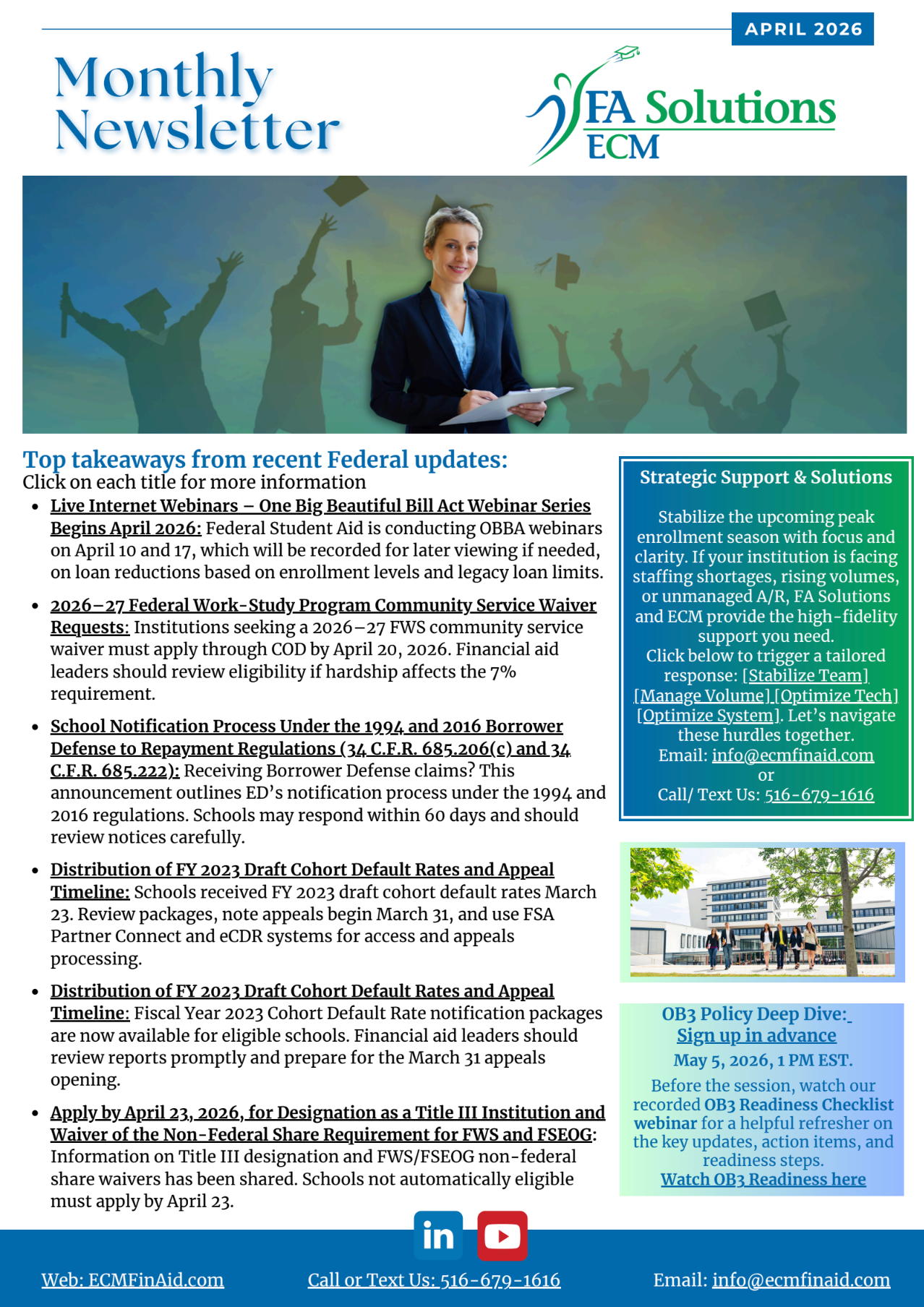 Newsletter for FA Solutions ECM featuring a professional standing in front of silhouettes of people throwing caps in air.