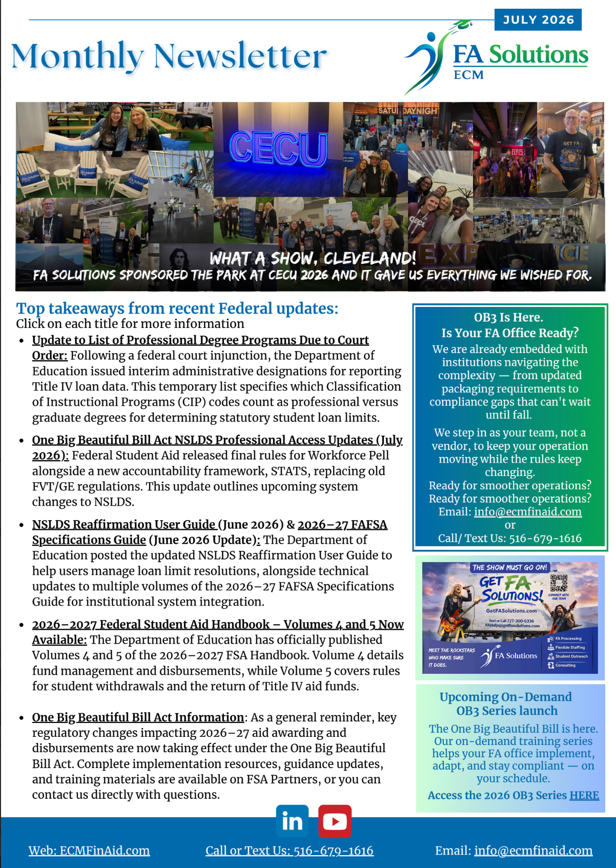 Monthly newsletter page with collage header, article text, and blue sidebar for FA Solutions Inc.